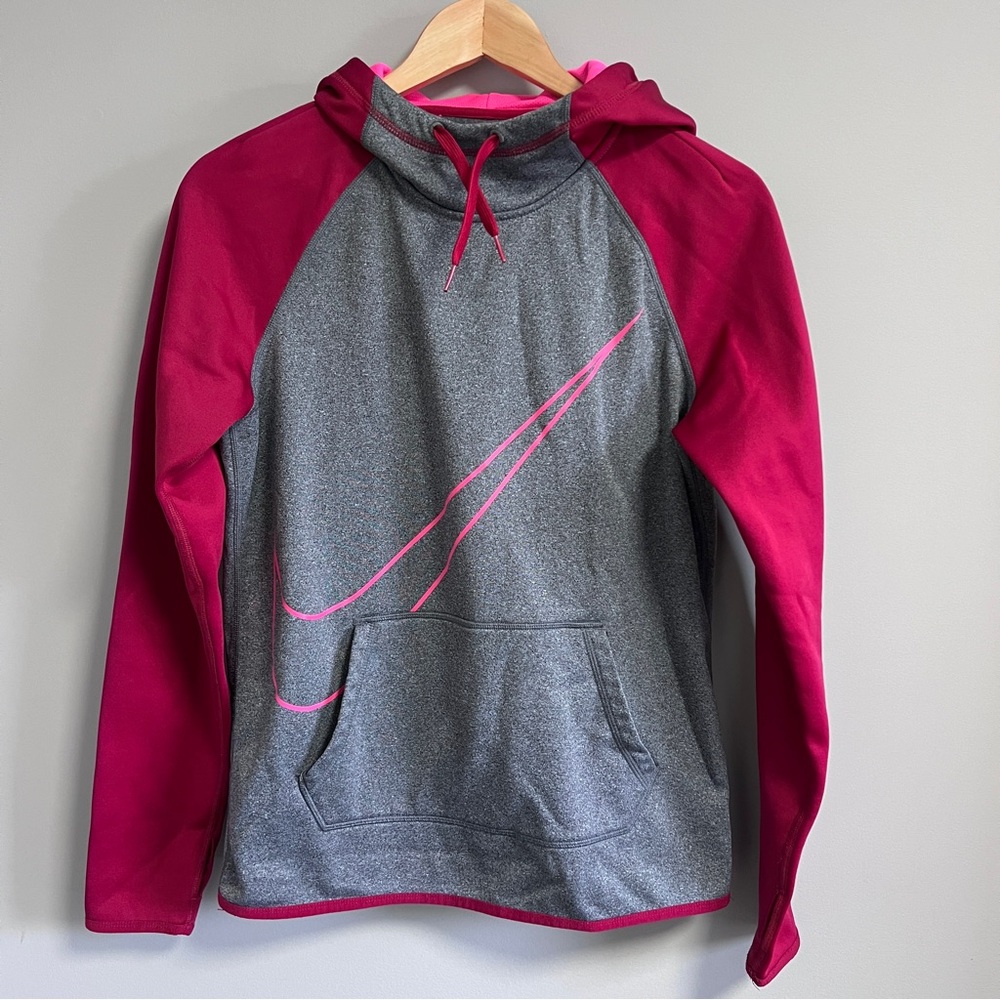 Nike Dri-Fit Gray & Magenta Swoosh Raglan Hoodie Small
